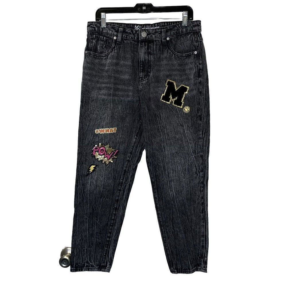 Acid‎ Wash Patch Jeans Junior Girl's 13 (Women's 9/10) Black Tapered 90s